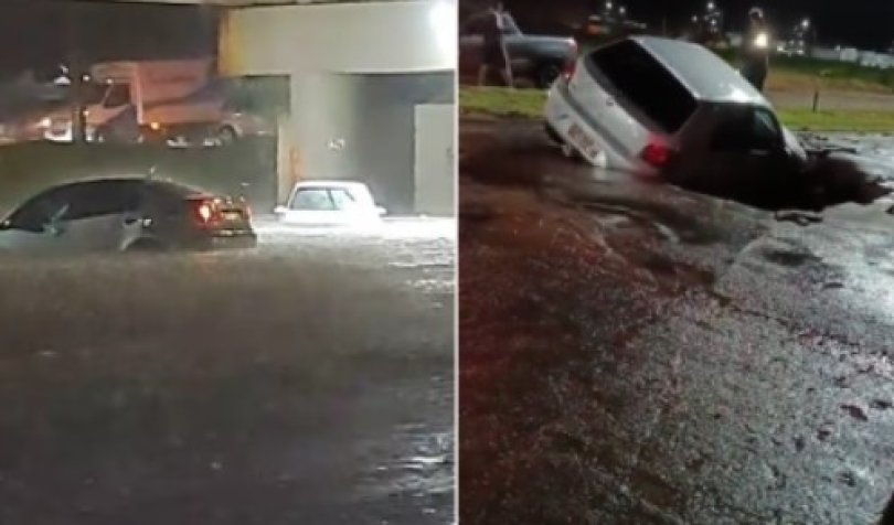 Temporal gera caos em cidades de MT; carro afunda em cratera...