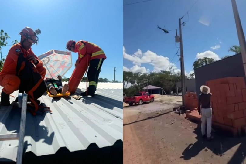 Trabalhador toma choque em telhado e resgate é feito de helicóptero...