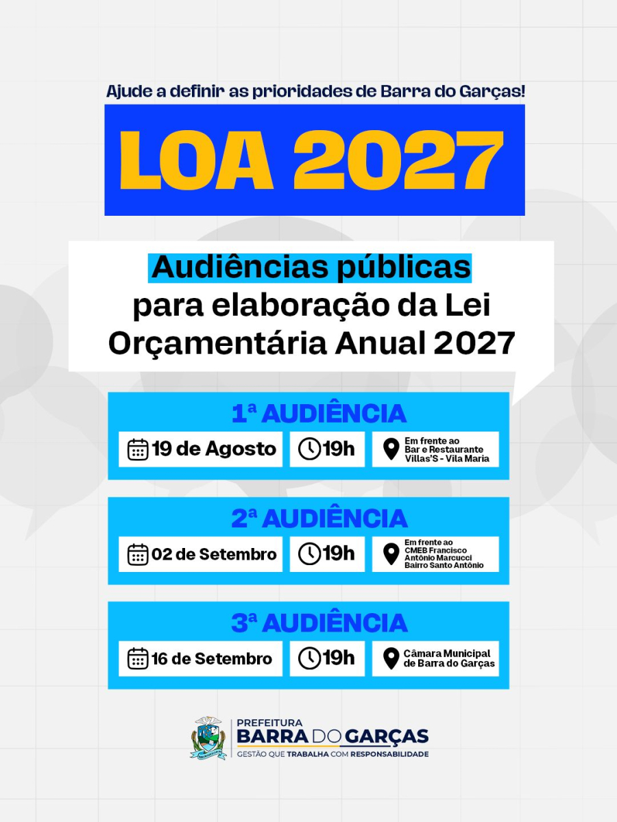 Segunda audiência da LOA 2027 será realizada no bairro Santo Antônio nesta quarta-feira (2/9)