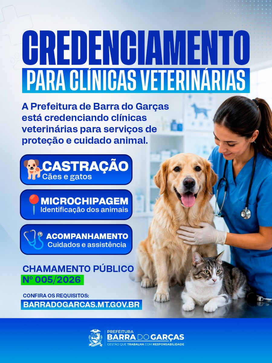 Prefeitura abre novo credenciamento de clínicas veterinárias para castração de cães e gatos em Barra do Garças